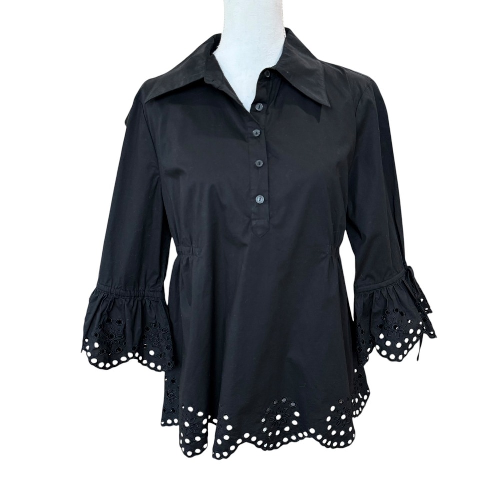 Kenar Black Eyelet‎ Embroidered Tunic Blouse Bell Sleeve Cotton Stretch Large